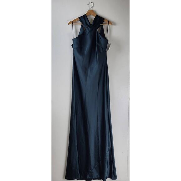 NWT LOVELY Dessy Collection Twist Halter Charmeuse Tie Back Trumpet Maxi Gown L - Picture 4 of 11